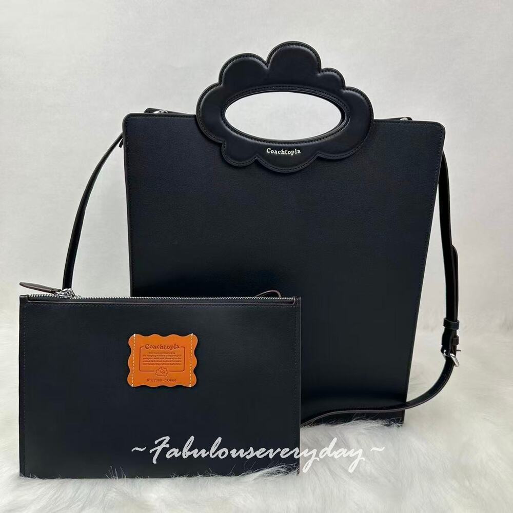 Coach Cloud Handle Tote In Coachtopia Leather/Black CT383 + Pouch/Wristlet
